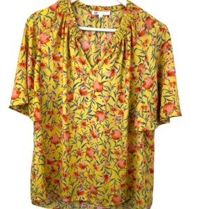 DR2 Womens L Floral Blouse Top V-Neck Smocking Neckline Short Sleeve